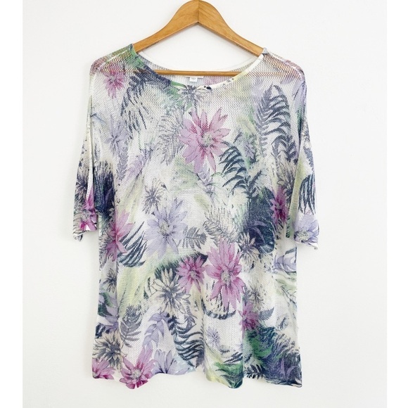 J. Jill Linen Blend Costal Floral Short Sleeves Knit Top Size Large - Picture 1 of 14
